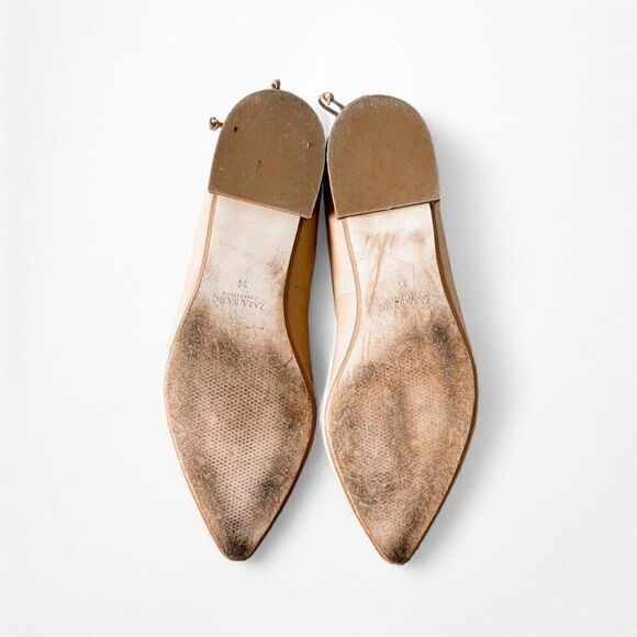 Zara Nude Beige Brown Goat Leather Lace Up Ballet Flats Size 6 - Picture 6 of 10